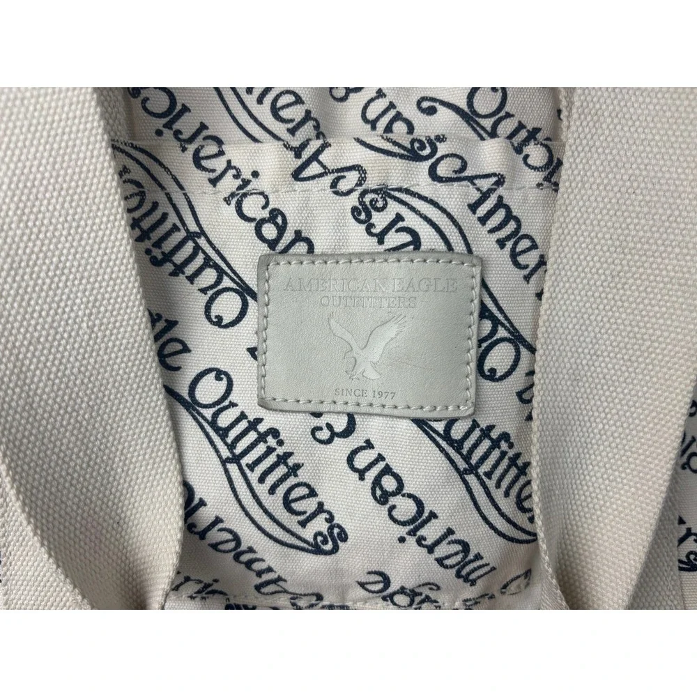 American Eagle Triple Tote Bag Womens Large Cream Navy Script Logo Canvas Daily